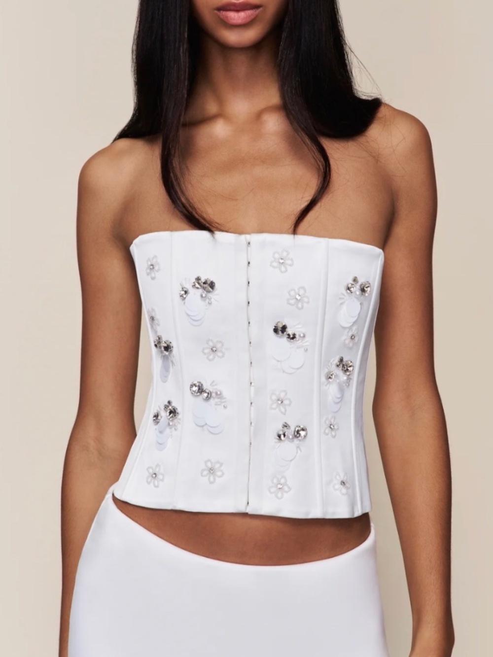 Danielle Guizio White Strapless Embellished Corset Top